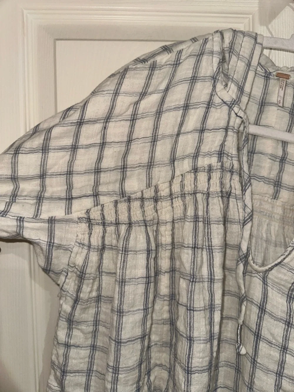 Free People Lightweight White and Blue Plaid Hooded Gauzy Cotton Tunic Top S
